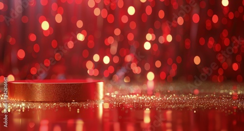 Red And Gold Glitter Background With A Circular Platform