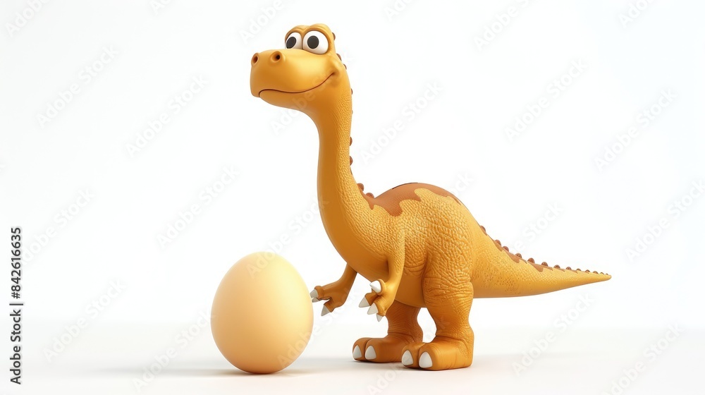 A cheerful cartoon brontosaurus balancing an egg set against a pristine white backdrop spreads joy A cheerful cartoon brontosaurus balancing an egg set against a pristine white backdrop spreads joy