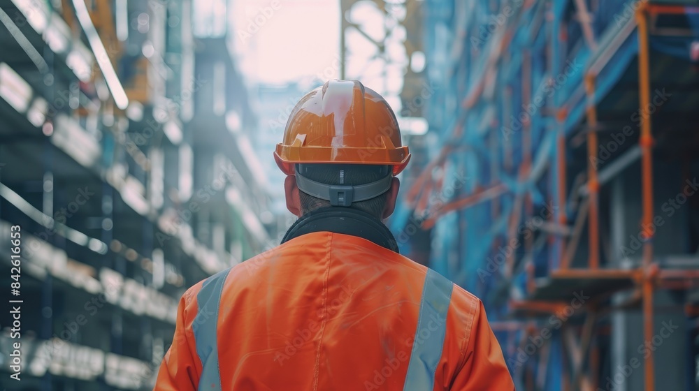 Builder wearing safety helmet at construction site Builder wearing safety helmet at construction site