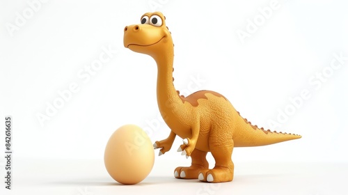 A cheerful cartoon brontosaurus balancing an egg set against a pristine white backdrop spreads joy