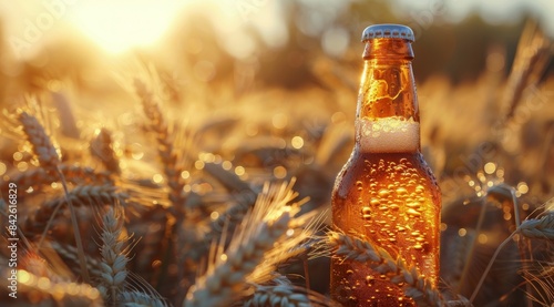 A Cold Beer Bottle in a Wheat Field at Sunset