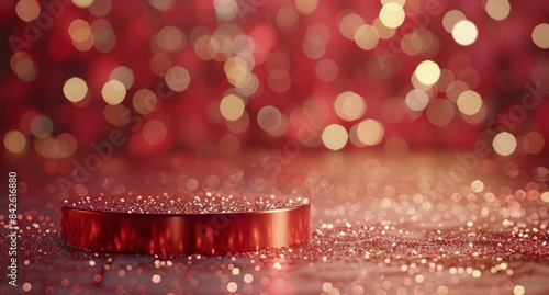 Red And Gold Glitter Background With A Circular Platform