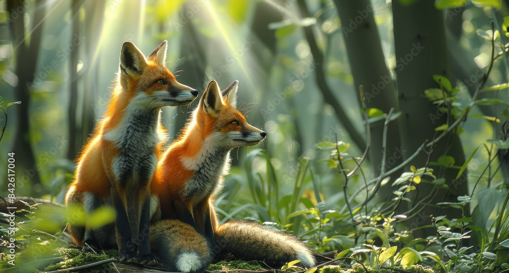 Fototapeta premium A family of red foxes playing in a shaft of sunlight filtering through the dense forest. Generative AI.