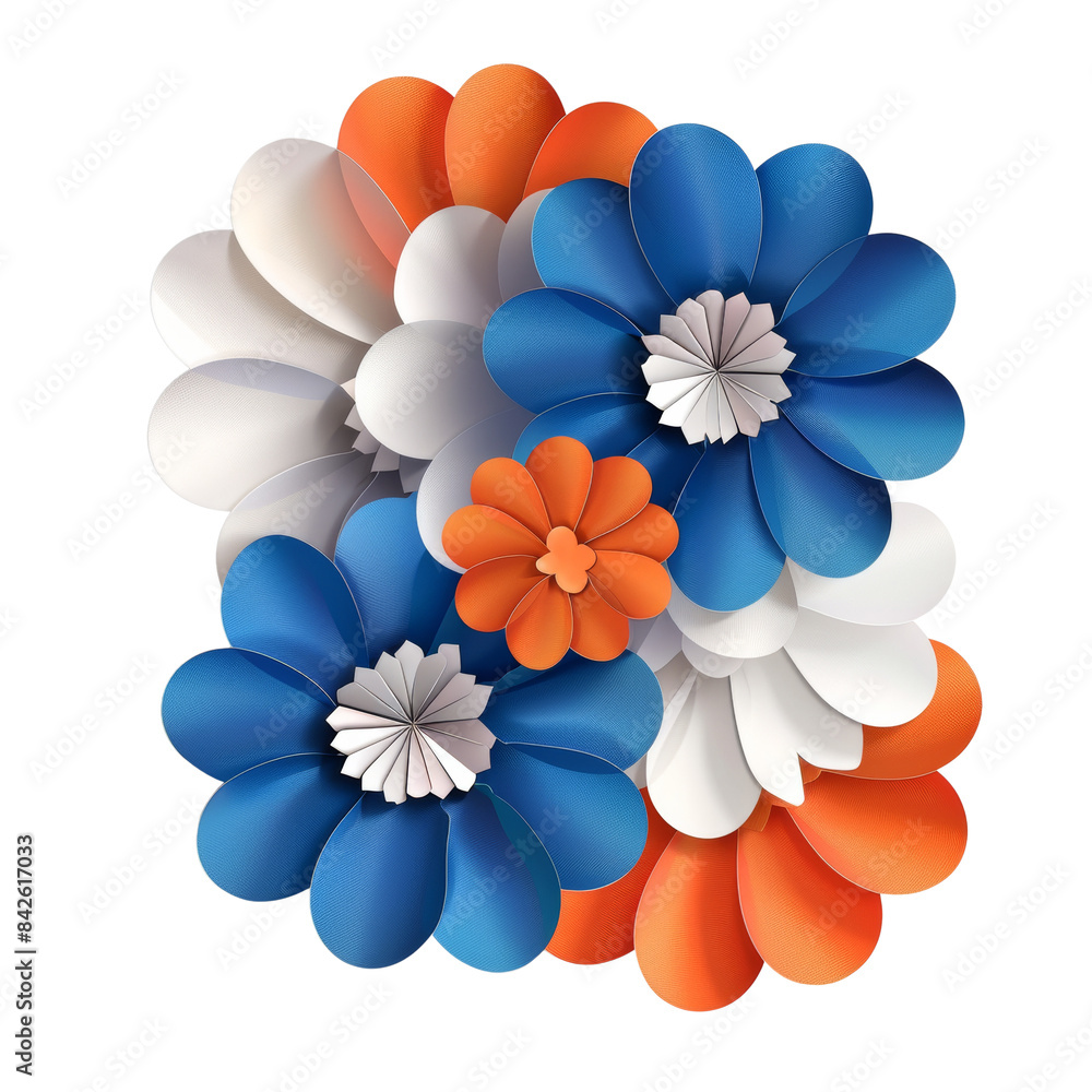 Abstract floral design with blue, white and orange paper flowers. white background. transparent background. PNG Abstract floral design with blue, white and orange paper flowers. white background. transparent background. PNG