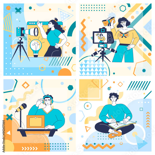 Creative geometric cards. People create social media content. Woman recording podcast or video. Man planning blog post. Graphic designer. Photo camera. Abstract Memphis flat shapes. Vector banners set