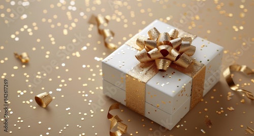 Wallpaper Mural White Gift Box With Gold Bow and Confetti Torontodigital.ca