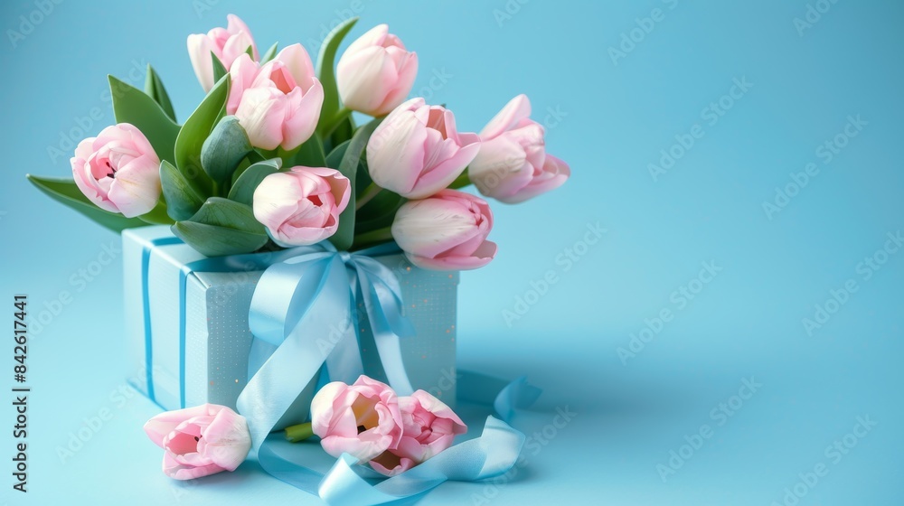 Fresh pink tulips bouquet with blue gift box on light background Fresh pink tulips bouquet with blue gift box on light background