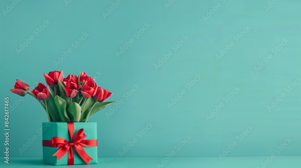 Vibrant red tulips in gift box with bow against soft blue background Vibrant red tulips in gift box with bow against soft blue background