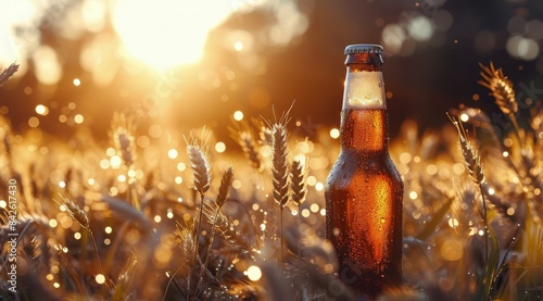 A Cold Beer Bottle in a Wheat Field at Sunset