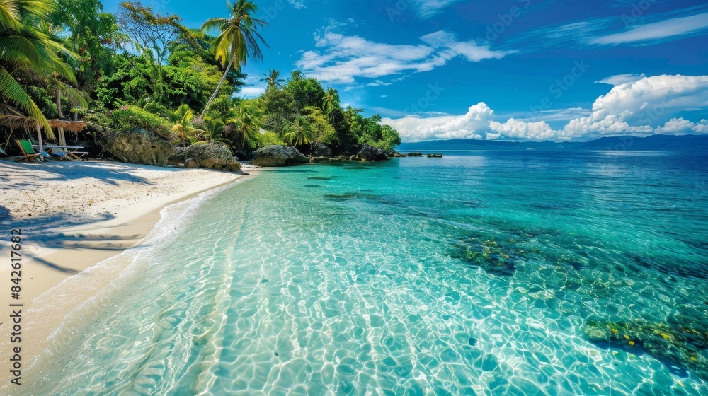 Fototapeta premium A beautiful beach with clear blue water and palm trees