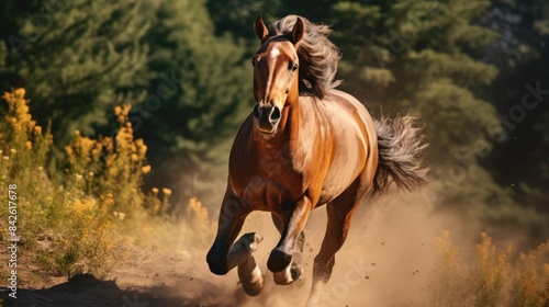 a brown horse running fast in the open. The horse ran strongly  and raised dust from the ground with its powerful steps.