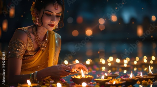 Woman Lighting Diyas During Diwali Festival in India