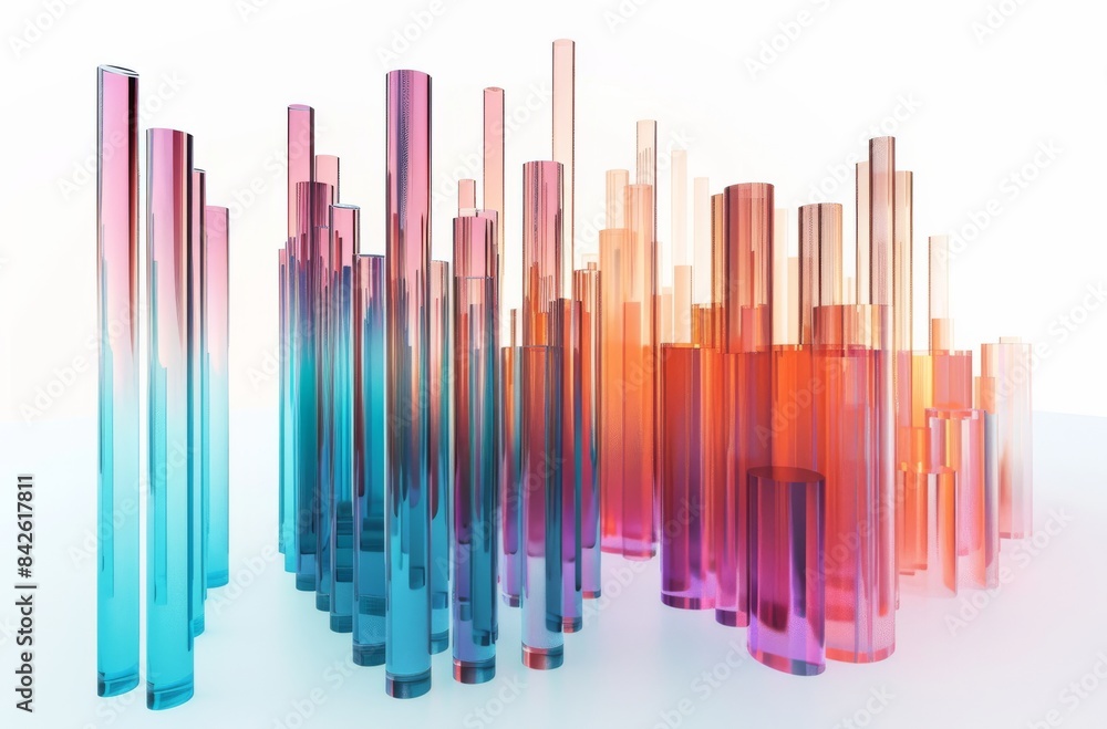 3D rendering of transparent sound pillar, pillars are arranged in an orderly fashion, undulating high and low, creating sound waves, gradient translucent glass molten body, technology, Orange-blue gra 3D rendering of transparent sound pillar, pillars are arranged in an orderly fashion, undulating high and low, creating sound waves, gradient translucent glass molten body, technology, Orange-blue gra