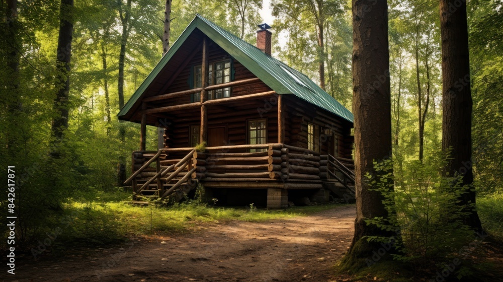wooden house located in the middle of a green and lush forest. and has a dark brown exterior, with a steep green roof and a spacious terrace decorated with an elaborate wooden fence. wooden house located in the middle of a green and lush forest. and has a dark brown exterior, with a steep green roof and a spacious terrace decorated with an elaborate wooden fence.
