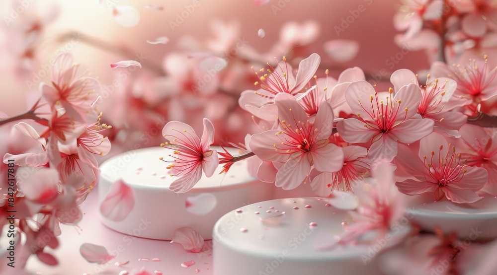 Two White Circular Platforms Surrounded by Pink Cherry Blossoms Two White Circular Platforms Surrounded by Pink Cherry Blossoms