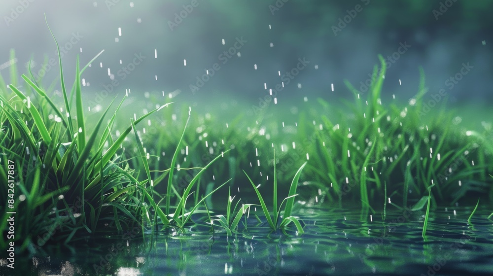 Serene raindrops falling on vibrant green grass Serene raindrops falling on vibrant green grass
