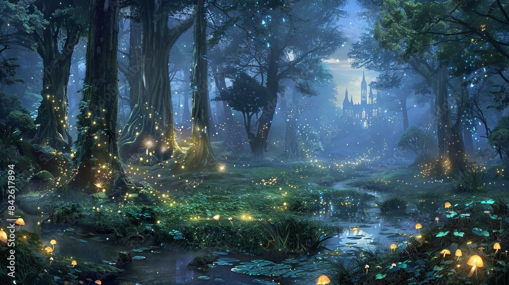 An enchanted forest background featuring towering ancient trees with ...