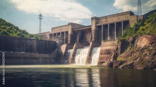 a large dam located between two hills. Water flows rapidly from the dam into the river below, creating a beautiful and dramatic view.