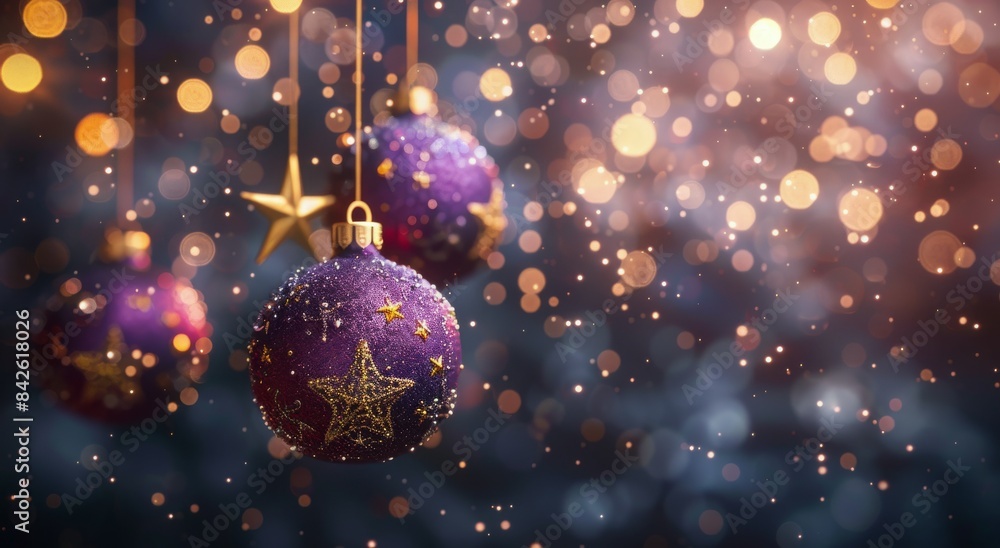 Purple Christmas Ornaments With Gold Stars Hanging in Snow Purple Christmas Ornaments With Gold Stars Hanging in Snow