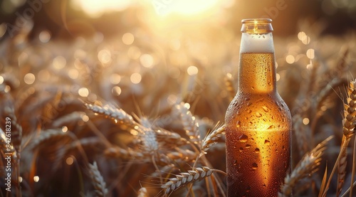 A Cold Beer Bottle in a Wheat Field at Sunset