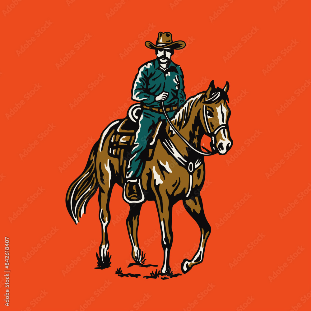 Fototapeta premium Vintage Drawing of Cowboy Riding Horse