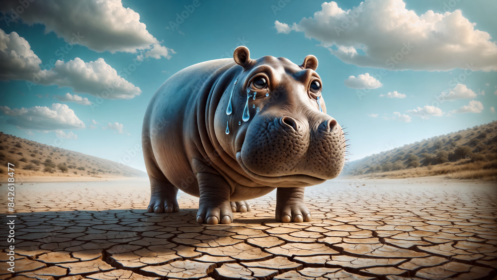 Crying hippo stands on cracked dry river bed in desolate landscape ...