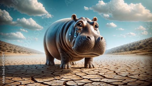Crying hippo stands on cracked dry river bed in desolate landscape, looking sad with teary eyes. Captures water scarcity, vulnerability of wildlife facing global warming and environmental destruction. photo
