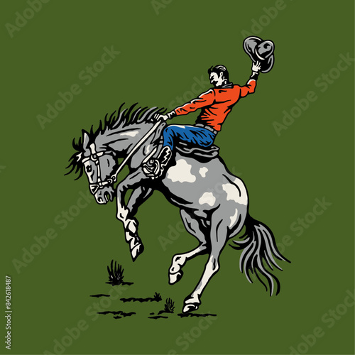 Vintage Drawing of Cowboy Riding Jumping Horse