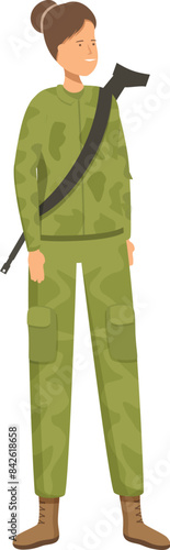 Female soldier is standing in uniform with an assault rifle, representing strength, courage, and the vital role of women in the armed forces