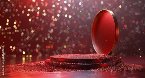 Red Glitter Background With Gold Podium