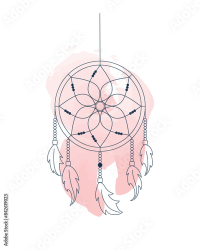 Dream catcher in circle with feathers in one line style watercolor isolated on white background for icons, stickers, posters, wallpapers