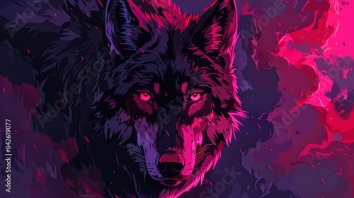 Vibrant neon wolf with glowing red eyes photo