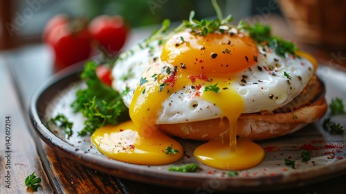 Delicious sunny side up eggs with runny yolks on toasted bread, garnished with herbs and spices