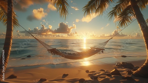 Fototapeta Naklejka Na Ścianę i Meble -  A tropical beach at sunset, featuring a hammock tied between two palm trees. The sky is painted with warm golden hour colors. Generative AI.