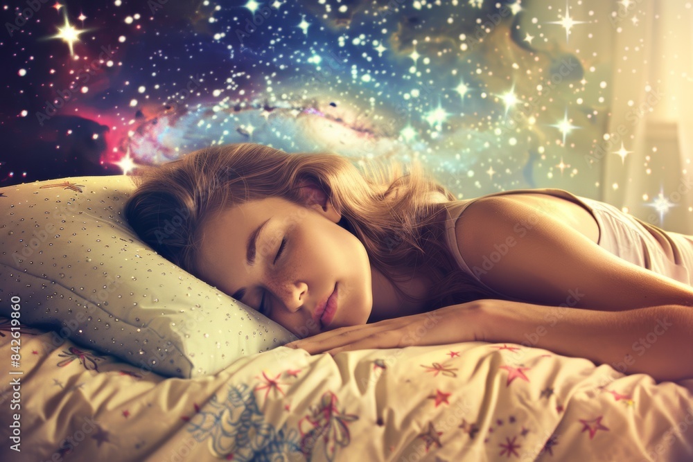 Dreamy night slumber under starry sky for peaceful young white adult Dreamy night slumber under starry sky for peaceful young white adult