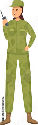 Female soldier using walkie talkie military woman standing in uniform communicating by portable radio transmitter