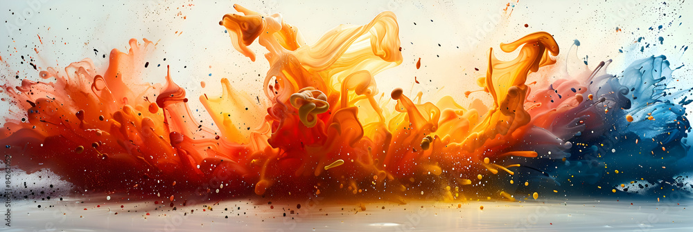 An explosion of vibrant colors splattered against a clean, white backdrop, artistic and energetic An explosion of vibrant colors splattered against a clean, white backdrop, artistic and energetic