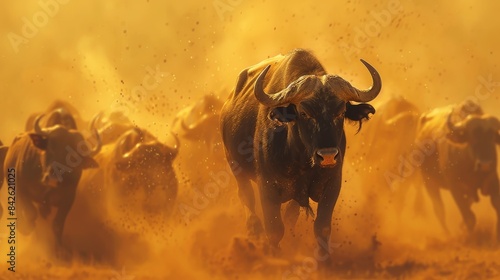 Dramatic scene of a lead buffalo advancing forward with a herd in a cloud of dust in the background