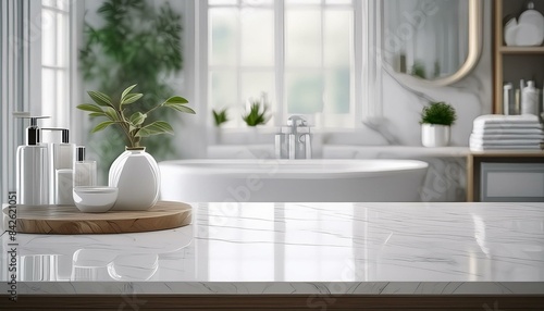 White bathroom interior. Empty marble table top for product display with blurred bathroom interior background.