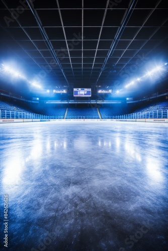 A hockey rink with a bright blue sky in the background. The rink is empty and the lights are on