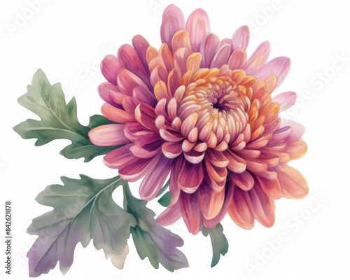 Fototapeta Naklejka Na Ścianę i Meble -  Opened chrysanthemum flower. Isolated watercolor illustration. 