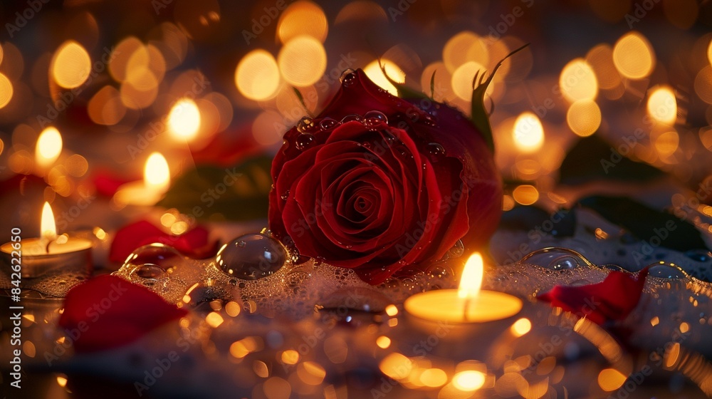 A warm and romantic setting with a rose surrounded by bubbles and petals, illuminated by candlelight, perfect for spa or Valentine's imagery.