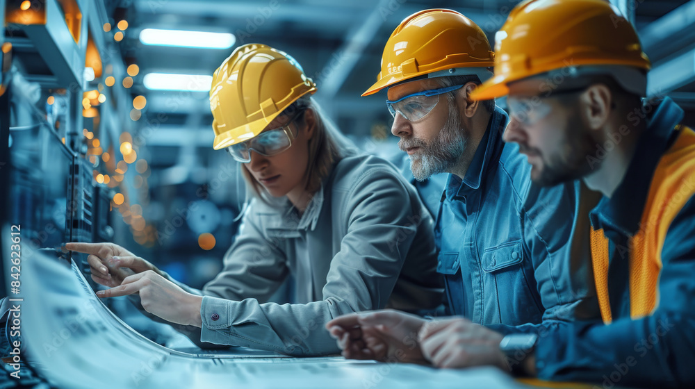 A group of programers are looking at blueprints on a worktable, and another is pointing towards the construction work made of programming code. Programming elements are visible. Generative AI. A group of programers are looking at blueprints on a worktable, and another is pointing towards the construction work made of programming code. Programming elements are visible. Generative AI.