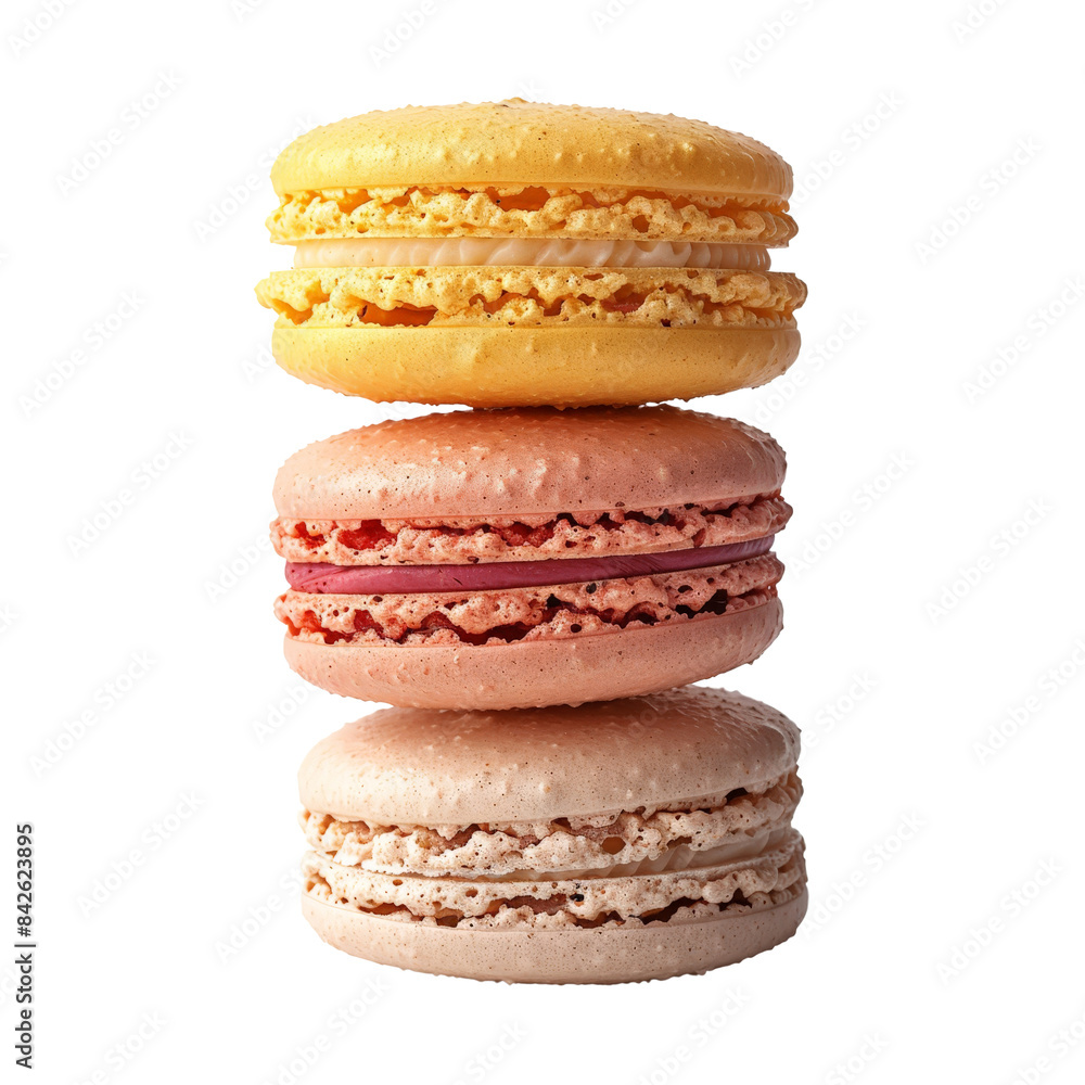 A photo of a vibrantly colored stack of macarons, a type of sweet French cookie