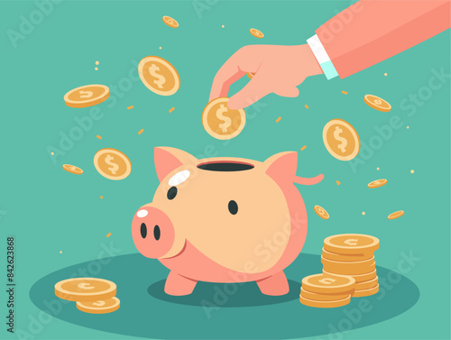 Animated Illustration of Hands Managing Money: Coins and Bills in Piggy Bank, Stack, and Payment