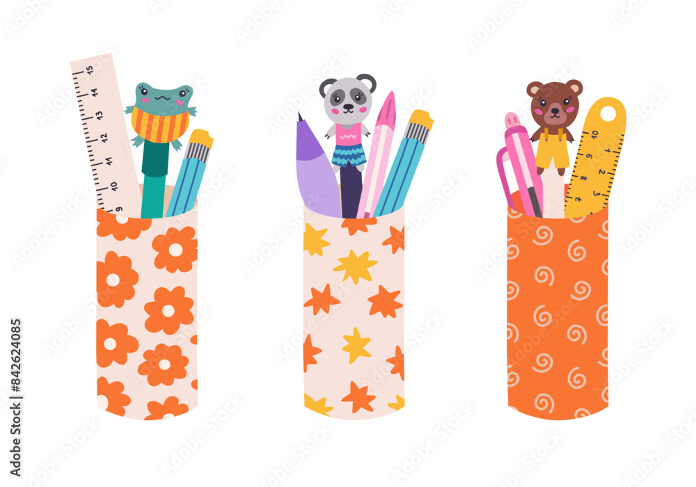 Cute cartoon set of pencil cups with star, flower and squiggle pattern with school supplies. Stationery container with pencil, pens, rulers. Holder case for office stationary. Back to school clipart Cute cartoon set of pencil cups with star, flower and squiggle pattern with school supplies. Stationery container with pencil, pens, rulers. Holder case for office stationary. Back to school clipart