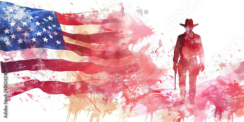The American Flag with a Cowboy and a Businesswoman - Visualize the American flag with a cowboy representing the Wild West heritage and a businesswoman symbolizing modern entrepreneurship photo
