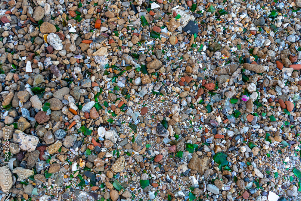 Microplastics on Sand Beach. Micro Plastics Garbage, Tiny Trash Pieces, Microplastic Waste, Dirty Shore