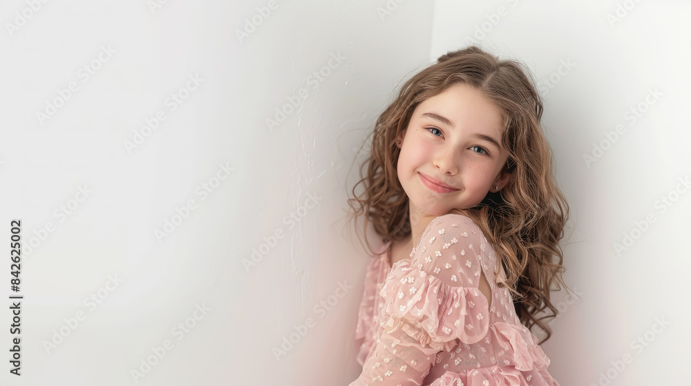 smiling child girl peeks out from behind a white wall, copy space, advertising board, poster, card, children, kid, portrait, blank, layout, paper, banner, mockup, message, template, billboard, show smiling child girl peeks out from behind a white wall, copy space, advertising board, poster, card, children, kid, portrait, blank, layout, paper, banner, mockup, message, template, billboard, show