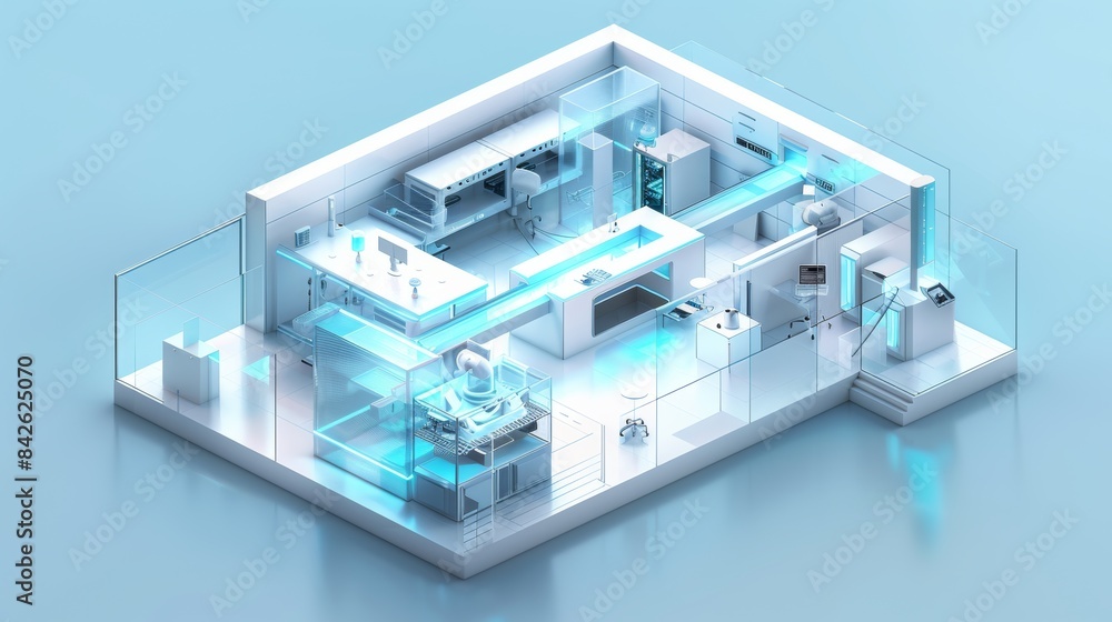 isometric futuristic lab, transparent glass walls, white acrylic surfaces, clean and modern, high-tech equipment, studio lighting, C4D, Blender, Octane, rendering, high details 8k isometric futuristic lab, transparent glass walls, white acrylic surfaces, clean and modern, high-tech equipment, studio lighting, C4D, Blender, Octane, rendering, high details 8k